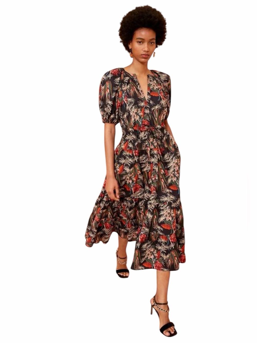 Ulla Johnson - Olina Black Botanical Puff Sleeve Midi Dress Sz 10